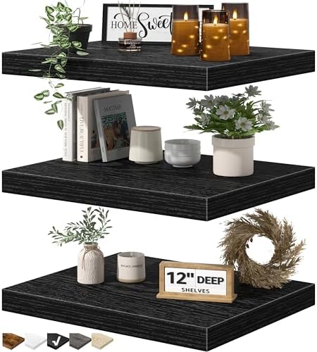QEEIG 12 Inch Deep Floating Shelves Set of 3 Black