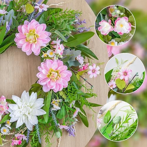 20 Inch Pink Dahlia Artificial Spring Wreath for Front Door