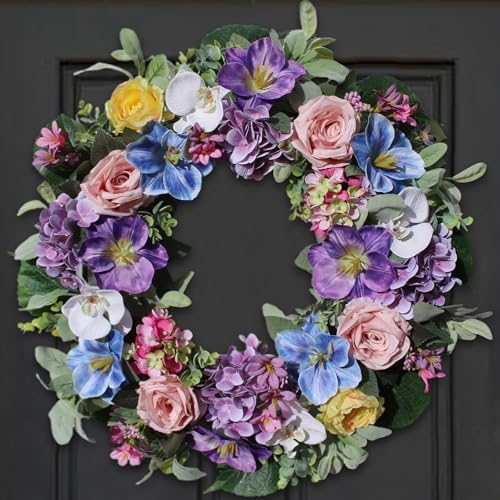 24 Inch Spring Summer Door Wreath with Purple Hydrangea and Pink Roses