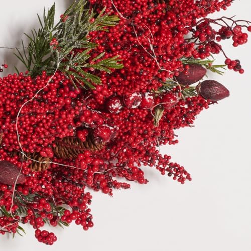 SAFAVIEH 30-Inch LED Light Wreath with Pine and Red Berries