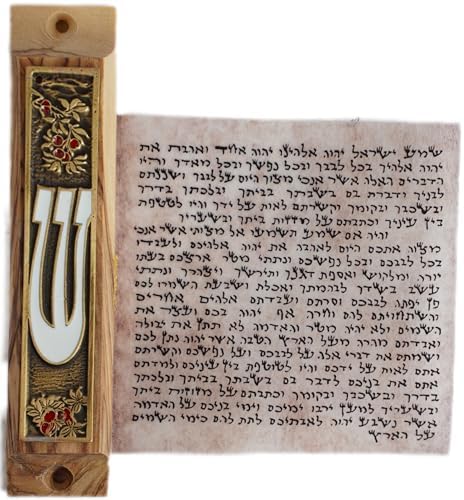Traditional Handmade Olive Wood Mezuzah Case with Enamel Plate and Non-Kosher Scroll