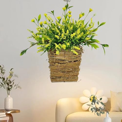 2025 Upgraded Cream Hydrangea Door Wreath 1PC Yellow Artificial Rattan Hanging Basket