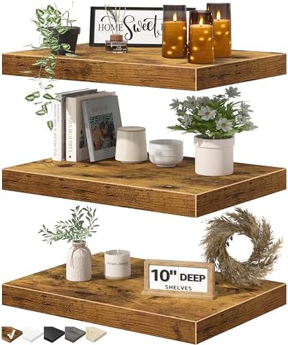 QEEIG 3 Piece 10 Inch Floating Shelves - Rustic Brown