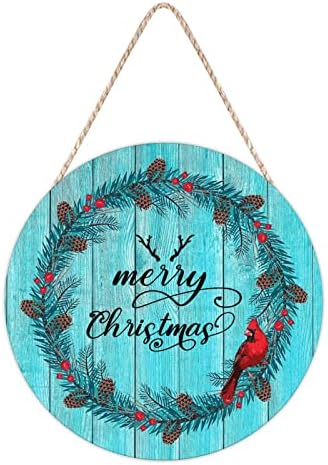 Farmhouse Front Door Hanger Red Bird Wreath Christmas Wood Sign