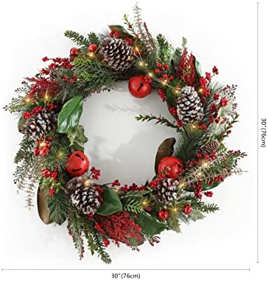 SAFAVIEH 30 Inch Myrtle Wreath with Red Bells and LED Lights