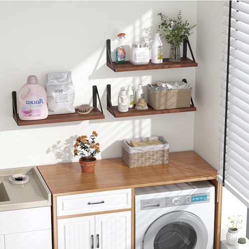 Heimlove Floating Shelves Set of 3 16 Inch Walnut Wood Wall Shelves