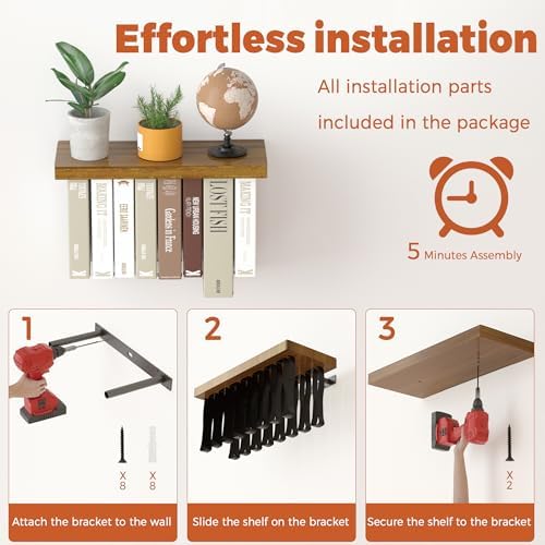 Tohiasen Floating Book Shelves Set of 2 Brown Wood Wall Mount