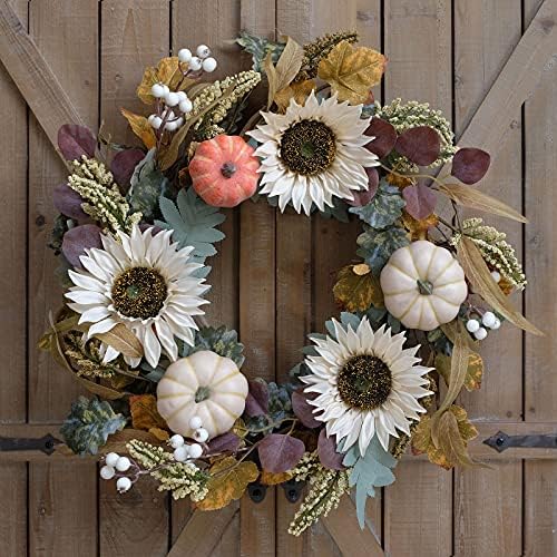 Idyllic 20 Inch White Sunflower Pumpkin Fall Wreath