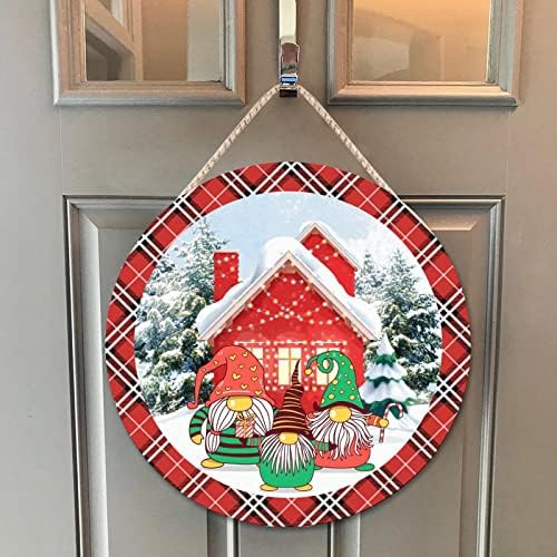 Farmhouse Door Hanger Red Plaid Winter Scene Cute Gnome Wood Sign