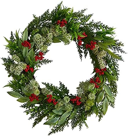 Nearly Natural 24in Artificial Christmas Wreath with Cedar Eucalyptus and Berries