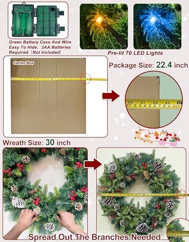 30 Inch Thick Pre-Lit Christmas Wreath with 70 Lights and Remote Control