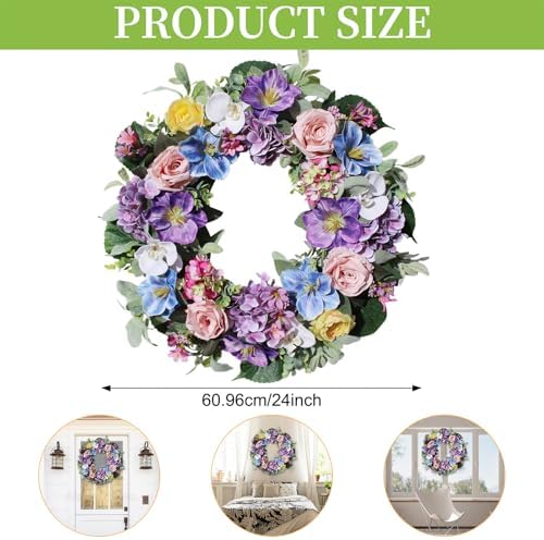 24 Inch Spring Summer Door Wreath with Purple Hydrangea and Pink Roses