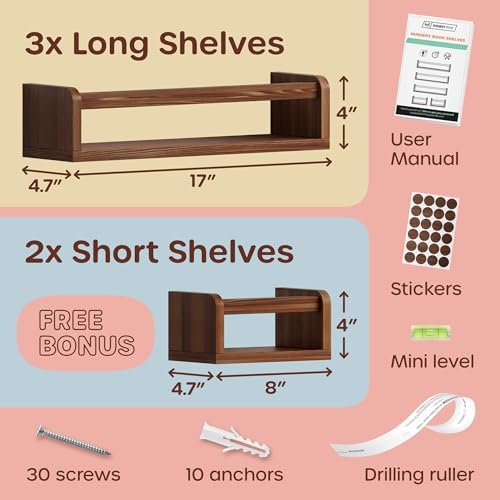 Wall-Mounted Nursery Bookshelves - 3 Long 2 Mini Shelves