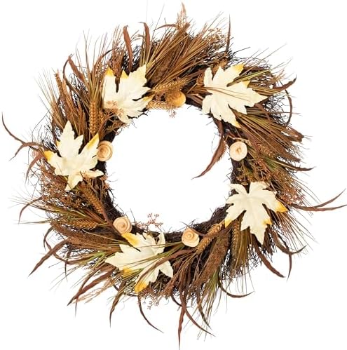Northlight Autumn Harvest Cattail and Wheat Artificial Wreath Unlit 24 Inch Brown