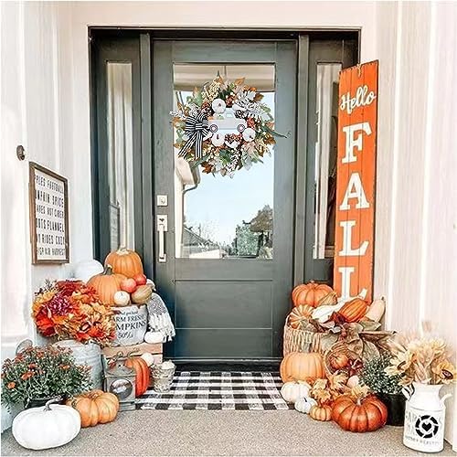 20 Inch Fall Wreath with White Pumpkin and Ribbon Bow