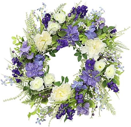 Puleo International 24 Inch Artificial White Rose and Lavender Wreath