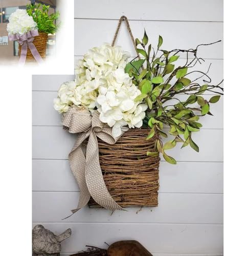 2025 Cream Hydrangea Door Wreath with Rattan Basket