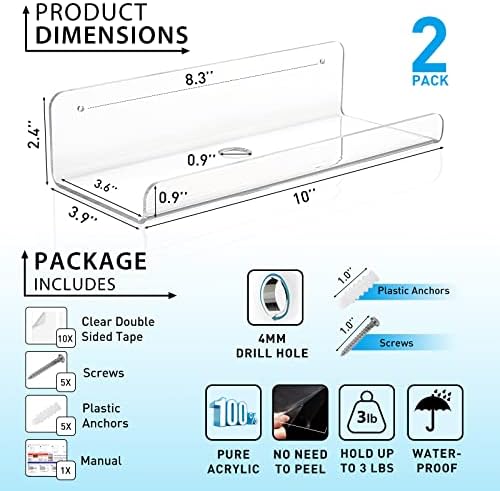 OAPRIRE 2 Pack Clear Acrylic Floating Shelves 10 Inch Set