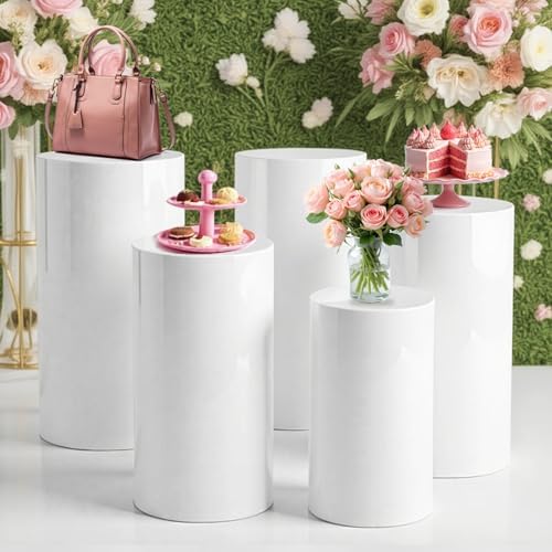 Cylinder Stands for Party - 5 Pcs White PVC Display Pedestal Stand