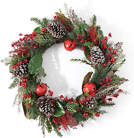 SAFAVIEH 30 Inch Myrtle Wreath with Red Bells and LED Lights
