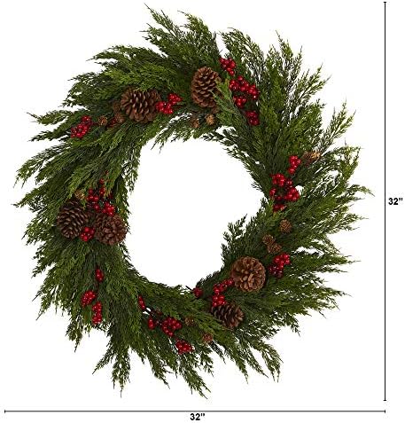 Nearly Natural 32in Cypress Berries Pine Cones Artificial Wreath