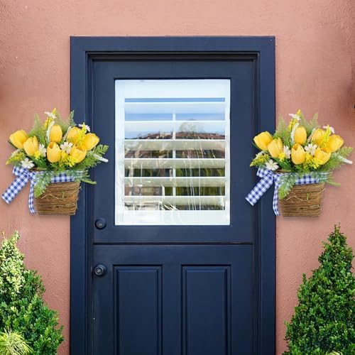 Tomotato Tulips Door Wreath Basket with Wildflowers