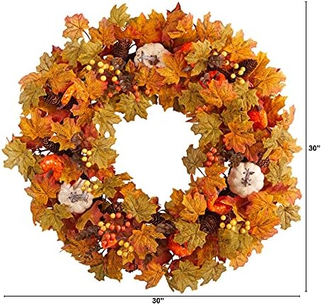 Nearly Natural 30in Autumn Pumpkin Maple Leaf Wreath