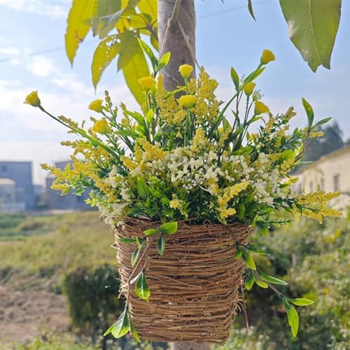 2025 Upgraded Cream Hydrangea Door Wreath 1PC Yellow Artificial Rattan Hanging Basket