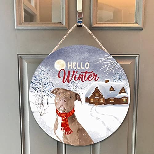 Farmhouse Front Door Hanger Hello Winter Christmas Dog Wearing Scarf Wood Sign