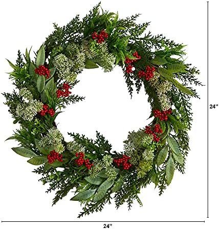 Nearly Natural 24in Artificial Christmas Wreath with Cedar Eucalyptus and Berries