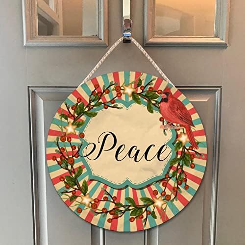 Farmhouse Door Hanger Red Birds Holly Christmas Peace Wood Sign 10x10in
