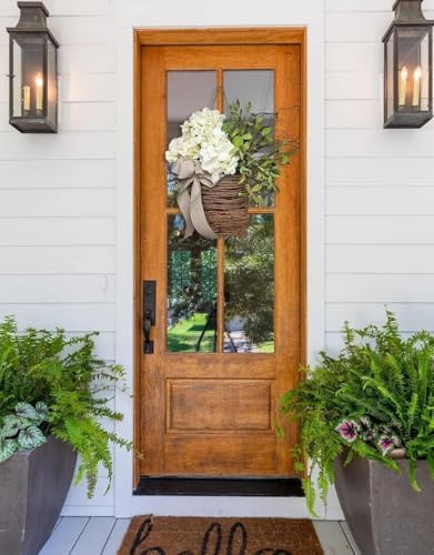 2025 Cream Hydrangea Door Wreath with Rattan Basket