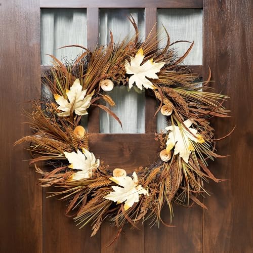 Northlight Autumn Harvest Cattail and Wheat Artificial Wreath Unlit 24 Inch Brown