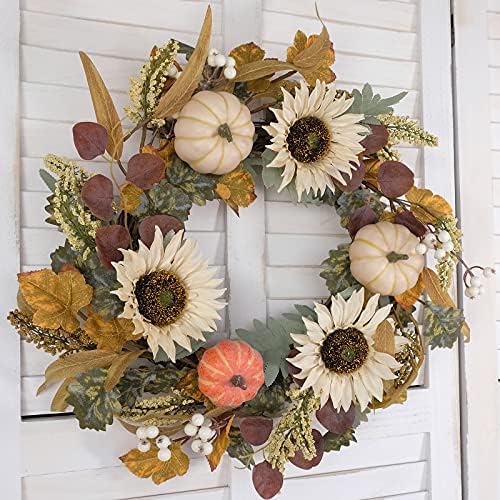 Idyllic 20 Inch White Sunflower Pumpkin Fall Wreath