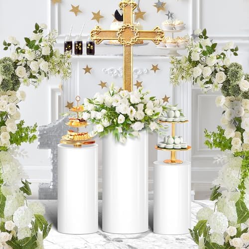 White Cylinder Stands for Party 3Pcs Round Pedestal Stand for Events