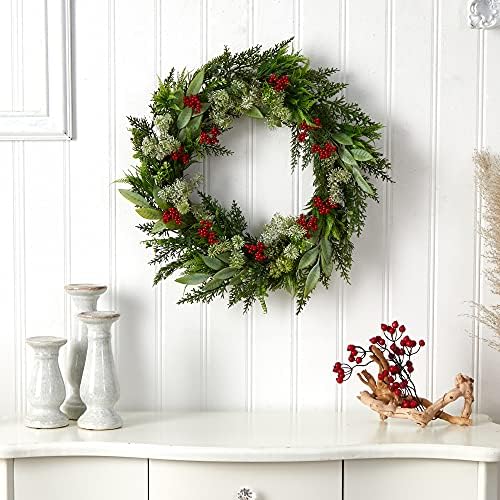 Nearly Natural 24in Artificial Christmas Wreath with Cedar Eucalyptus and Berries
