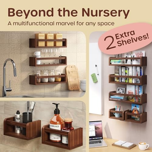 Wall-Mounted Nursery Bookshelves - 3 Long 2 Mini Shelves