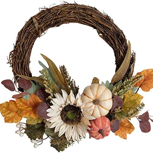 12 Inch Fall Harvest Wreath with Pumpkins and Sunflowers