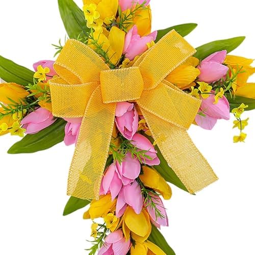 Easter Cross Wreath Artificial Flower Garland Spring Door Wreath Pink Yellow Tulip