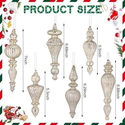 6 Pcs Silver Crystal Glass Christmas Finials Hanging Decorations