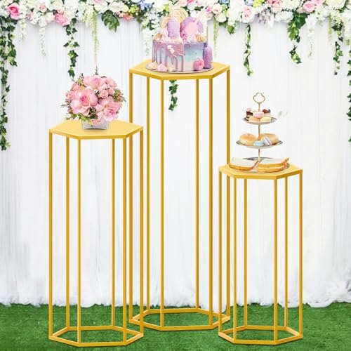 Hexagon Pedestal Stand 3Pcs Gold Metal Cake Display Stands