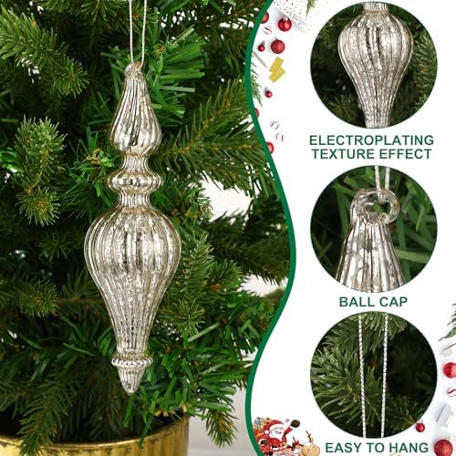 6 Pcs Silver Crystal Glass Christmas Finials Hanging Decorations