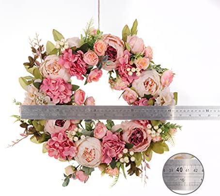 DOTKV Peony Wreath 15 Inch Handmade Front Door Decor