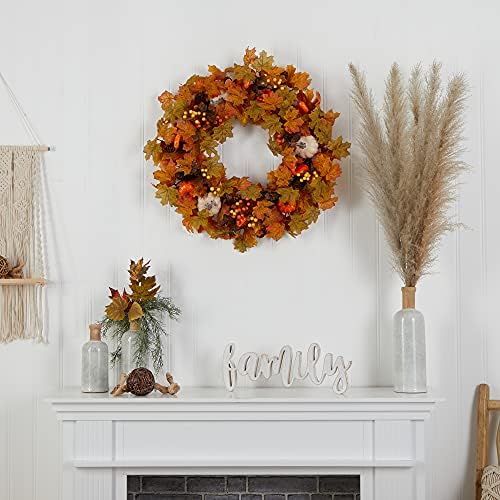 Nearly Natural 30in Autumn Pumpkin Maple Leaf Wreath