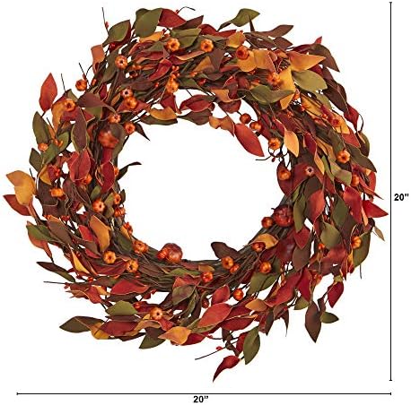 Nearly Natural 20in Harvest Leaf and Mini Pumpkin Artificial Wreath
