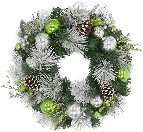 24 Inch Artificial Christmas Wreath with Green and Silver Decor