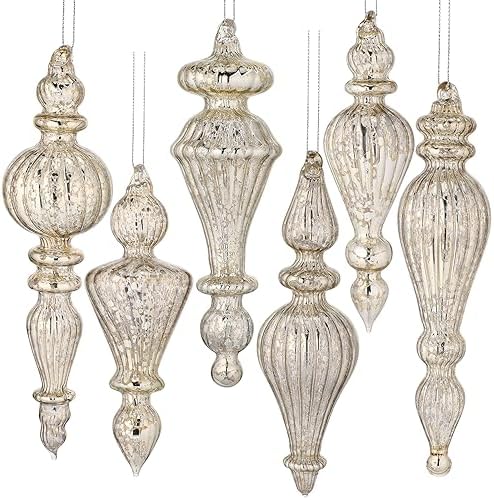 6 Pcs Silver Crystal Glass Christmas Finials Hanging Decorations