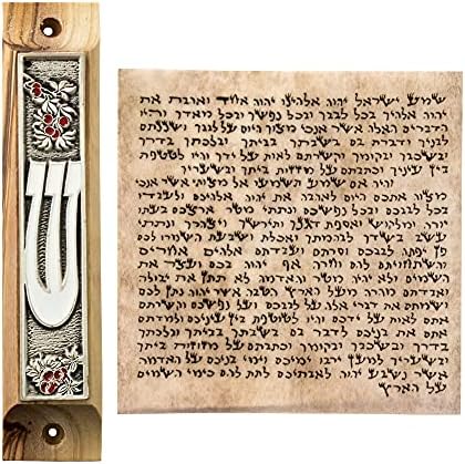 Gold Metallic Mezuzah Car Door Talisman Olive Wood Pomegranates