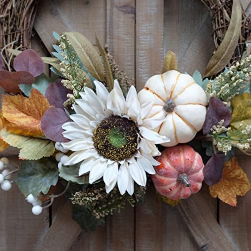 12 Inch Fall Harvest Wreath with Pumpkins and Sunflowers