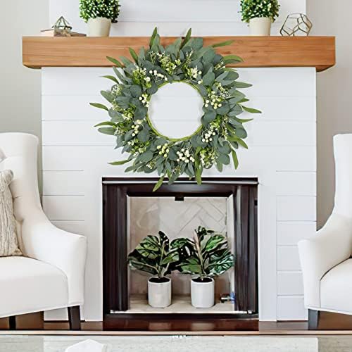 TOCHGREEN 22 In Artificial Eucalyptus Wreath with White Berries
